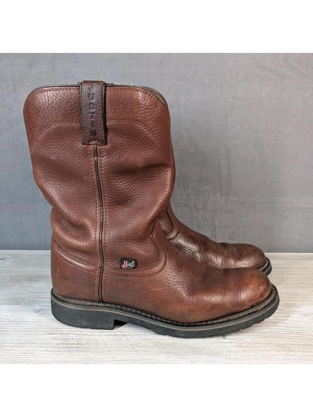 Justin Mens 9.5D Brown Leather Work Boots Steel Toe Western Ranch Durable